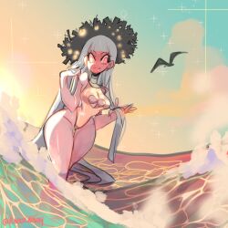 1girls beach big_lips bimbo female_only ramslammy seaside thighhighs white_hair