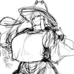 aged_up female hat huge_breasts sketch smiling solo spacezin suwako_moriya tagme touhou