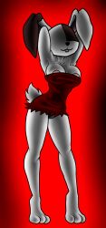 4n0nym0u5 anthro black_panties breast_press breasts breasts_apart bunny bunny_ears bunny_girl bunny_tail bunny_teeth bunnygirl dress five_nights_at_freddy's five_nights_at_freddy's:_security_breach front_view furry hands_behind_head panties panties_aside rabbit rabbit_ears rabbit_feet rabbit_girl rabbit_humanoid rabbit_tail rabbit_teeth red_background shaded simple_background simple_shading small_dress smile smiling standing standing_position tight_clothing tight_dress tiptoes vanny_(fnaf) white_body white_fur white_skin