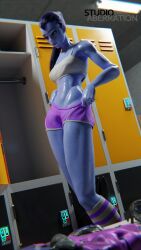 1girls 3d blue_skin changing_clothes clothed_female clothes clothing eyeshadow female female_only fully_clothed gym gym_clothes gym_shorts locker_room long_hair muscular muscular_female overwatch ponytail purple_hair shorts socks solo sports_bra standing striped_legwear striped_socks studioaberration sweat sweatdrop sweating sweaty sweaty_body tattoo toned widowmaker workout_clothes