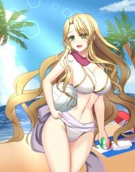 1girls :d beach bikini blonde_hair blue_sky breasts cleavage commission day female female_only fire_emblem fire_emblem:_the_binding_blade fire_emblem:_the_blazing_blade green_eyes highres large_breasts long_hair navel nintendo ocean open_mouth purple_scarf saint_elimine_(fire_emblem) sand scarf shira_yu_ki skeb_commission sky smile solo swimsuit very_long_hair white_background white_bikini