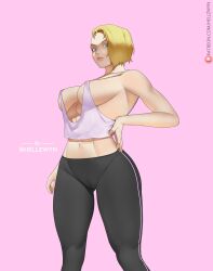 1girls abs asymmetrical_hair big_breasts blonde_hair blue_eyes breasts eye_contact female female_focus female_only gwen_stacy hell904 looking_at_viewer marvel shaved_side short_hair spider-gwen spider-man:_into_the_spider-verse spider-man_(series) standing thick_thighs thighs yoga_pants