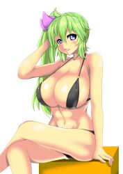 1girls big_breasts black_bikini black_underwear blue_eyes bow green_hair light_green_hair long_hair looking_at_viewer metana118 sitting smile tagme