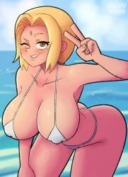 1girls ass beach big_breasts bikini blonde_hair blush breasts eye_contact female looking_at_viewer naruto naruto_(series) nipple_bulge peace_sign smile solo thick_thighs thighs tsunade vexypop wide_hips