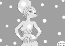 2021 anthro areola biped breasts canid canine clothing disney ear_piercing ear_ring female goof_troop mammal monochrome nipples piercing sabrotiger solo sylvia_marpole