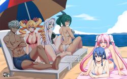 1boy 5girls beach bikini blonde_hair blue_eyes claire_harvey cleavage emilia_hermit green_hair harem hundred jadenkaiba kashiwagi_miharu kirishima_sakura_(hundred) large_breasts liddy_steinberg long_hair magenta_hair original_character seaside silver_hair swimsuit twintails