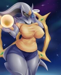 anthro arceus big_hips black_body breasts dialogue eyelashes female female_only female_pokemon game_freak green_eyes grey_body hips horns humanoid legendary_pokémon legendary_pokemon looking_back mleonheart nintendo no_mouth phone phone_call pokémon_(species) pokemon red_eyes short_pants simple_background space speech_bubble stars tail thick_thighs thighs two_tone_body