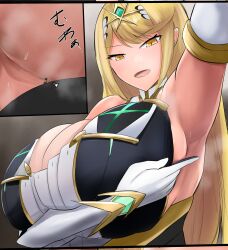 armpit blonde_hair boob_window color exrumya femdom giantess golden_eyes japanese_text larger_female massive_breasts micro mythra nintendo rex_(xenoblade) sideboob size_difference smaller_male smothering sweat teasing xenoblade_(series) xenoblade_chronicles_2