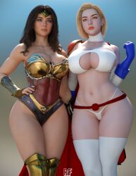 2girls 3d abs absurd_res anya_(rudefrog) barely_clothed barely_covered black_hair blonde_hair blue_eyes boob_window breasts cape cleavage dc dc_comics diana_prince exposed_torso female female_only g-string hi_res large_breasts light-skinned_female light_skin looking_at_viewer olive_skin original_character pale-skinned_female panties power_girl power_girl_(cosplay) rude_frog short_hair skimpy skimpy_armor skimpy_clothes slutty_clothing slutty_outfit string_panties superheroine thick thick_thighs thighs thong thong_panties thong_underwear white_g-string white_panties white_thong wide_hips wonder_woman wonder_woman_(series)