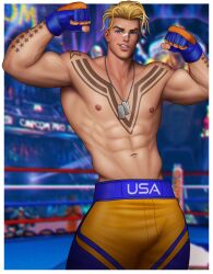 abs armpits bara black_hair black_hair_bottom blonde_hair blonde_hair_on_black_hair blonde_hair_top boxing boxing_gloves capcom clothed dog_tags domination drawnpr0n flexing gay gloves light_hair_on_dark_hair luke_sullivan male male_only muscles muscular_male necklace public shorts solo solo_male street_fighter street_fighter_v tattoo yaoi