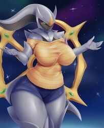 anthro arceus big_hips black_body breasts eyelashes female female_only female_pokemon game_freak green_eyes grey_body hips horns humanoid legendary_pokémon legendary_pokemon looking_back mleonheart nintendo no_dialogue no_mouth pokémon_(species) pokemon red_eyes short_pants simple_background space stars tail thick_thighs thighs two_tone_body