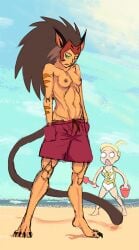 2020 2020s 2girls adora beach beitaier blonde_female blonde_hair blue_eyes breasts brown_hair brown_tail canon_couple cat_ears cat_tail catgirl catra claws female female_focus female_only gold_swimsuit heterochromia long_hair male_swimwear_challenge mens_swimsuit_challenge multiple_girls nipples one_eye_closed one_piece_swimsuit open_mouth ponytail red_shorts she-ra_and_the_princesses_of_power shocked shorts straight_hair swimsuit tail topless topless_female two-tone_swimsuit white_one-piece_swimsuit white_swimsuit yellow_eyes yuri