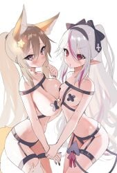 2girls annytf asymmetrical_docking beyumi beyumi_(vtuber) black_pasties breasts duo duo_focus eyebrows_visible_through_hair female female_only fox_girl huge_breasts indie_virtual_youtuber light-skinned_female light_skin looking_at_viewer ms._cloud ms._cloud_(vtuber) pointy_ears tagme virtual_youtuber x_pasties