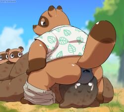 2020 absurd_res animal_crossing anthro ass barazoku belly black_nose brown_body brown_fur canid canine clothing cloud detailed_background facesitting fur gay group hi_res hisashino kemono male male_only mammal nintendo outside overweight overweight_male pants pants_down plant raccoon_dog shirt simple_background sitting tanuki timmy_nook tom_nook tommy_nook topwear tree ursid video_games yaoi