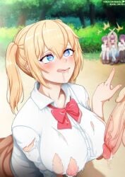 1boy 4girls areolae balls being_watched big_breasts big_penis blonde_hair blue_eyes blush breasts cum cum_in_mouth erection female flaccid heart-shaped_pupils huge_breasts licking_cum light-skinned_female light_skin neocoill nipples onishima_homare penis ripped_clothing school_uniform schoolgirl skirt sounan_desuka? testicles twintails veiny_penis