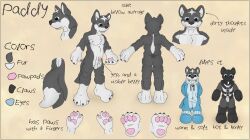 2017 anthro biped character_name english_text fur harness kigurumi male markings model_sheet paddy_(paddywoof) paddywoof_(artist) pawpads paws solo standing text