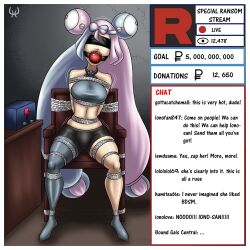 arms_behind_back ball_gag blindfold blue_hair bondage breast_bondage chair_bondage comment_section female gagged humite-ubie iono_(pokemon) livestream long_hair one_thighhigh pink_hair pokemon pokemon_sv recording rope_bondage shorts socks struggling thighhighs two_tone_hair