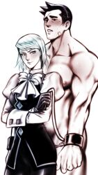 1boy 1girls bandage biceps blush bound_wrists chained_wrists clothed_female_nude_male dark_hair dick_gumshoe dominant_female facial_hair female femdom franziska_von_karma gyakuten_saiban handcuffs height_difference karuma_mei larger_male male male/female malesub muscles muscular_male nude_male pecs seductive_smile short_hair silver_hair size_difference smug spiky_hair stubble submissive submissive_male suit sweat whip