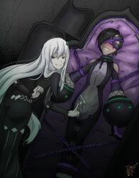 alex_(mollyyo) alte-rie black_hair blindfold blush bodysuit bondage bondage_gear bondage_mittens bound bound_ankles bound_arms bound_hands bound_wrists chains clothed coffin collar collared daphne_(re:zero)_(cosplay) echidna_(re:zero) edging ejaculation_under_clothes femboy femboysub femdom frustrated legbinder male malesub mollyyo padded_walls penis penis_flicking re:zero_kara_hajimeru_isekai_seikatsu ruined_orgasm smirk submissive_male teasing tight_clothing white_hair