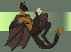 2022 absurd_res anthro balls bat book brown_body brown_fur cairo_de_leon chiropteran digitigrade eyewear flaccid fluffy fluffy_tail fur fur_pattern genitals glasses head_tuft hi_res male mammal membrane_(anatomy) membranous_wings nude penis pinup pose pteropodid simple_background slim solo tuft twistedteeth winged_arms wings