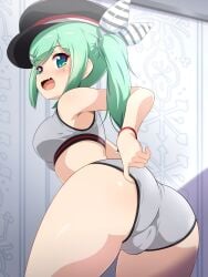 azur_lane black_hat bloomers buruma cameltoe feather feather_hat feathered_hat green_eyes green_hair grey_bra grey_panties grey_sports_bra hair_ribbon happy hat konpeto leaning_forward locker_room looking_at_viewer looking_back looking_back_at_viewer open_mouth panties plump_ass pulling_panties pussy_bulge red_wristband small_breasts smile solo_focus sports_bra sportswear teasing thick_thighs wristband younger_female z20_karl_galster_(azur_lane)