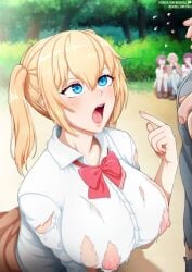 1boy 4girls areolae being_watched big_breasts blonde_hair blue_eyes blush breasts female huge_breasts light-skinned_female light_skin neocoill nipples onishima_homare ripped_clothing school_uniform schoolgirl skirt sounan_desuka? twintails