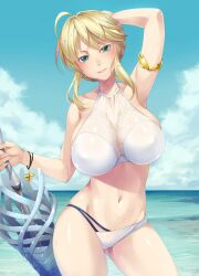 armlet artoria_pendragon artoria_pendragon_(swimsuit_ruler) artoria_pendragon_(swimsuit_ruler)_(second_ascension)_(fate) beach bikini blonde_hair bracelet busty fate/grand_order fate_(series) green_eyes lance mukunokino_isshiki white_bikini