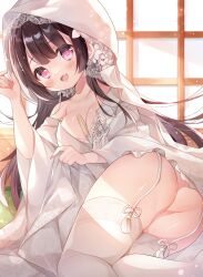 :d ass bangs bare_shoulders blush border breasts bridal_veil bride brown_hair cleavage collarbone dengeki_moeou dress eyebrows_visible_through_hair female frills from_behind garter_straps gau_(n00_shi) highres hood indoors japanese_clothes kimono large_breasts long_hair long_sleeves looking_at_viewer looking_back medium_breasts no_panties non-web_source oerba_yun_fang off_shoulder open_mouth original pink_nails purple_eyes sliding_doors smile solo tatami thighhighs thighs uchikake veil wataboushi wedding_dress white_border white_dress white_kimono white_legwear wide_sleeves