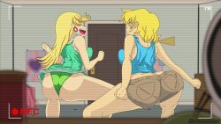 2girls animated animated_gif ass ass_cleavage ass_shake bare_arms bare_shoulders battery_life bedroom big_ass big_breasts blonde_female blonde_hair blue_eyes blue_eyeshadow blue_shirt bouncing_ass bouncing_breasts breasts butt_crack cargo_shorts clothing dress earrings eyes_closed fat_ass feet_out_of_frame female female_focus female_only from_behind green_dress green_panties hoop_earrings indoors kurotatsuo leni_loud long_hair looking_at_viewer looking_back lori_loud open_mouth panties recording scanlines shirt short_hair shorts sisters sleeveless_dress smile smirk squatting tank_top teenager the_loud_house twerking viewfinder