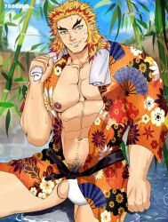 7angelm bara blonde_hair bulge demon_slayer happy_trail japanese_clothes kimetsu_no_yaiba kimono looking_at_viewer male male_only male_pubic_hair muscular muscular_male open_clothes open_kimono outside pubic_hair rengoku_kyoujurou smile solo sweat thick_eyebrows towel_around_neck two_tone_hair water wet_skin