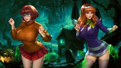 1920x1080 2girls alarmed big_ass big_hips crooked_trees daphne_blake frightened ghost ghost_hands ghosts graveyard green_scarf hanna-barbera haunted_house jack-o'-lantern large_breasts looking_down magnifying_glass molestation neoartcore nudtawut_thongmai open_mouth orange_hair pumpkin purple_eyes purple_hairband red_hair scary scooby-doo short_dress short_skirt small_waist spectacles thick_thighs thighhighs third-party_edit tight_clothing tombstone turtleneck_sweater uncensored velma_dinkley visible_bra_outline