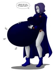 1girls belly big_belly big_breasts breasts dc_comics dialogue female female_only fetal_movement grey_skin hyper_pregnancy massive_belly nipple_bulge pregnant purple_hair rachel_roth raven_(dc) saburox speech_bubble teen_titans