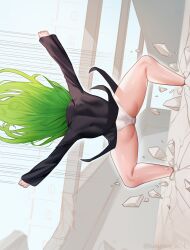 1girls arms_up ass black_dress broken_ground canonical_scene derivative_work dress female floating_hair from_behind green_hair highres landing long_hair long_sleeves one-punch_man outdoors panties solo tatsumaki tatsumaki_landing tungsten_(kwfr4544) underwear white_panties