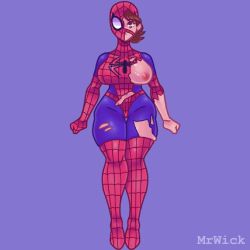 battle_damage breasts brown_hair cameltoe marvel marvel_comics mask masked mrwick nipples petra_parker smooth_skin spider-man spider-man_(series) spider-woman superheroine thick_legs thick_thighs tight_clothes tight_clothing tight_fit