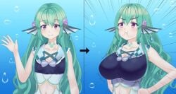 bangs breast_expansion breasts bubble cleavage clenched_hands clothing_cutout collarbone commentary english_commentary female finana_ryugu flat_chest green_hair hands_on_hips head_fins large_breasts looking_up navel navel_cutout nijisanji nijisanji_en pout purple_eyes smile underwater v-shaped_eyebrows virtual_youtuber waving xehadac