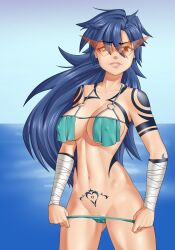 bandages big_breasts bikini bikini_pull blue_hair breast_curtains cabbbriolet cleavage female female_only genderswap_(mtf) kamina kamina_shades long_hair looking_at_viewer nipple_bulge orange-tinted_eyewear pubic_tattoo red_eyes rule_63 shaved_pussy smile solo spiky_hair sunglasses swimsuit tengen_toppa_gurren_lagann tinted_eyewear