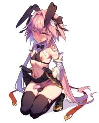 1boy androgynous animal_ears astolfo_(fate) astolfo_(saber)_(fate) bare_shoulders black_bow black_gloves black_legwear bunny_ears condom erect_nipples fate/grand_order fate_(series) femboy gloves heart heart-shaped_pupils high_resolution lifted_by_self long_hair looking_at_viewer male_only morikoke nipples pink_hair puffy_nipples purple_eyes ribbon simple_background skirt skirt_lift smile solo solo_male thighhighs tongue tongue_out trap tubumi twintails white_hair wing_collar