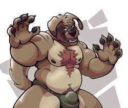 1boy 2023 action_pose amiles anthro beard belly body_hair briefs brown_body brown_fur bulge canid canine canis chest_hair clawstar_wrestling clothing detailed_bulge domestic_dog ear_piercing facial_hair fur gauged_ear hi_res male male_only mammal musclegut muscular muscular_anthro muscular_male paws piercing pose slightly_chubby solo solo_male tremor_(clawstar_wrestling) underwear wrestling_briefs