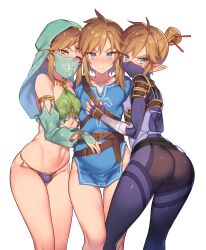 3boys alternate_costume ass balls_in_bodysuit balls_in_panties blonde_hair blue_eyes blush bottomless breath_of_the_wild brown_hair bulge canon_crossdressing champion's_tunic chopsticks crossdressing dual_persona erect_nipples femboy feminine_male gerudo_link gerudo_top gerudo_veil girly hair_bun high_resolution hylian legs link link_(breath_of_the_wild) looking_at_viewer male male_only morikoke multiple_boys multiple_persona nintendo nipples open_mouth panties pointy_ears presenting sheikah_link shiny shiny_skin small_bulge small_penis standing stealth_chest_guard stealth_tights the_legend_of_zelda thighhighs tiny_penis trap tubumi veil