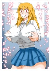 1girls 2021 bbwh_(artist) big_breasts breast_grab breasts curvy erect_nipples female_focus female_only gamo-chan hearts_around_body long_hair looking_at_viewer nipples nipples_bulge orange_eyes orange_hair please_don't_bully_me,_nagatoro school_uniform smile solo wide_hips