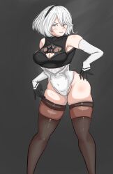 1girl 1girls armwear belly_button belly_button_visible_through_clothing big_breasts blue_eyes blush blushing breasts cleavage dnumde female_only gloves hairband leotard long_gloves looking_at_viewer mole_under_mouth nier:_automata short_hair skindentation standing stockings stockings_thigh_highs tagme thigh_highs thighhighs tight_clothing white_hair yorha_2b