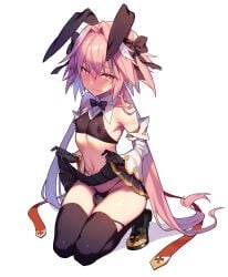 1boy androgynous animal_ears astolfo_(fate) astolfo_(saber)_(fate) bare_shoulders black_bow black_gloves black_legwear bunny_ears erect_nipples fate/grand_order fate_(series) femboy gloves heart heart-shaped_pupils high_resolution lifted_by_self long_hair looking_at_viewer male_only morikoke nipples pink_hair puffy_nipples purple_eyes ribbon simple_background skirt skirt_lift smile solo solo_male thighhighs tongue tongue_out trap tubumi twintails white_hair wing_collar