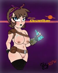 armor bandana black_lipstick blue_drip blue_eyes breasts brown_hair drink fallout fallout_4 female female_focus female_only freckles gloves glowing leather_straps max0w0 messy nude nude_female nuka-cola_quantum pip-boy pussy soda soda_bottle thighhighs wet wet_pussy