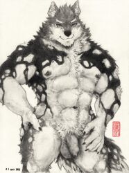 2022 abs anthro balls black_body black_fur canid canine canis dated domestic_dog felixleong flaccid foreskin fur genitals hi_res humanoid_genitalia humanoid_penis husky lifewonders live-a-hero male mammal monochrome monomasa multicolored_body multicolored_fur muscular muscular_anthro muscular_male nipples nordic_sled_dog nude pecs penis pubes smile solo spitz toronoeroaka traditional_media_(artwork) two_tone_body two_tone_fur video_games white_body white_fur