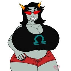 1girls belly big_breasts black_hair black_nails breasts chubby cleavage clothing female female_only glasses grey_skin homestuck horns huge_breasts looking_at_viewer massive_breasts ms_paint_adventures sharp_teeth short_hair smile solo solo_female terezi_pyrope transparent_background troll vide