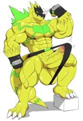 abs anatake anthro balls bandai_namco bara barazoku biceps big_penis bulkmon clothing digimon erection fingerless_gloves flexing furry genitals gloves handwear hi_res huge_cock hyper hyper_genitalia hyper_penis jockstrap male male_only muscular muscular_anthro muscular_arms muscular_male nipples pecs penis solo underwear yellow_body