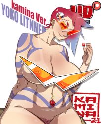 big_breasts blush cleavage completely_nude ear_piercing eyebrow_piercing facial_piercing female female_only freckles fusion hair_ornament hairclip kamina kamina1978 kamina_(cosplay) kamina_shades looking_at_viewer navel_piercing nipple_piercing nude orange-tinted_eyewear pubic_hair red_hair rule_63 short_hair smile solo spiky_hair sunglasses tanline tattoos tengen_toppa_gurren_lagann text thick_thighs tinted_eyewear two_tone_hair wide_hips yoko_littner