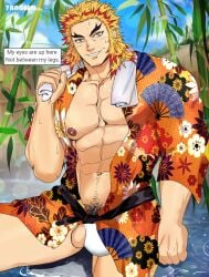 7angelm bara blonde_hair bulge demon_slayer english_text happy_trail japanese_clothes kimetsu_no_yaiba kimono looking_at_viewer male male_only male_pubic_hair muscular muscular_male open_clothes open_kimono outside pubic_hair rengoku_kyoujurou smile solo sweat thick_eyebrows towel_around_neck two_tone_hair water wet_skin