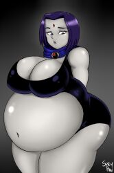 1girls bbw belly big_belly breasts cleavage dc dc_comics female female_only forehead_jewel grey_skin large_belly large_breasts overweight overweight_female purple_hair rachel_roth raven_(dc) spicypaw teen_titans weight_gain