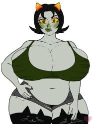 1girls belly big_belly black_hair black_nails blush bra breasts chubby cleavage fangs female green_eyes green_lips grey_skin homestuck horns looking_at_viewer massive_breasts ms_paint_adventures nepeta_leijon short_hair shorts solo thick_thighs thighhighs transparent_background troll vide wide_hips